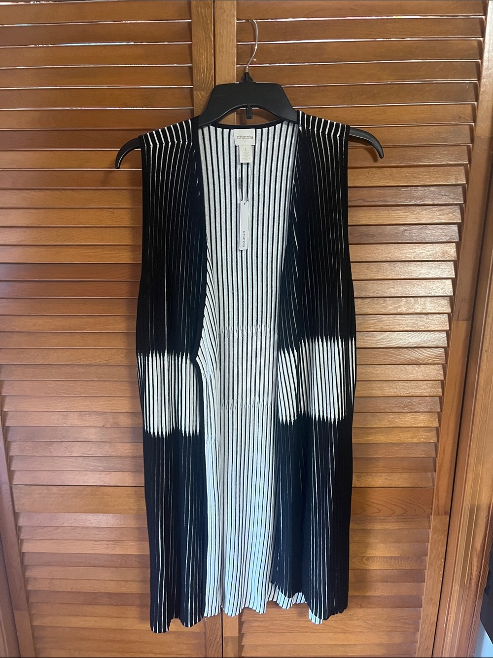 Chico's Black and White Long Pleated Open Vest